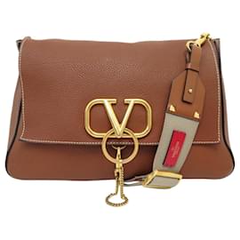 VALENTINO VSRING GRAINED LEATHER SHOULDER HANDBAG Brown