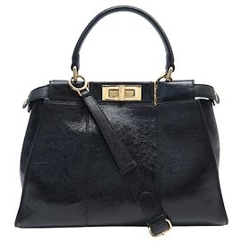 FENDI PEEKABOO MEDIUM 8BN290 HANDTASCHE GEALTERTES SCHWARZ LEDER SCHULTERTASCHE Schwarz