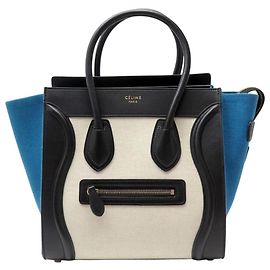 Céline NEW CELINE LUGGAGE MICRO LEATHER BLACK & BEIGE BLUE CANVAS HAND BAG Other