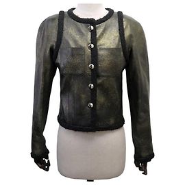 CHANEL Lambskin Leather Blouson Jacket with Tweed Trim 36 S LEATHER COAT Black
