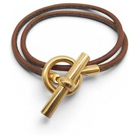 Hermès HERMES GLENAN DOUBLE WRAP GOLD-TONE METAL AND LEATHER BANGLE NECKLACE Brown