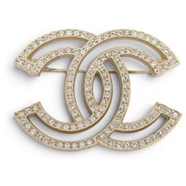 NUOVO BROCCHETTO CHANEL LOGO CC E STRASS A64746 IN METALLO DORATO NEW GOLDEN BROOCH D'oro