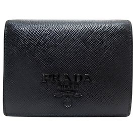 PRADA LOGO Saffiano Leather Small Wallet Coin Card Holder Black