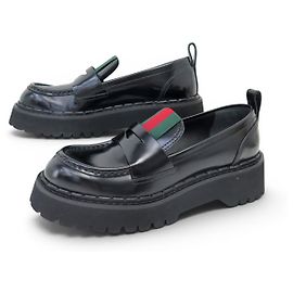 NEUF CHAUSSURES GUCCI MOCASSINS THEA BANDE WEB 806399 38 IT 39 FR CUIR NOIR Noir