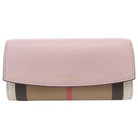 NEW BURBERRY CONTINENTAL LEATHER WALLET PINK & NOVA CHECK TARTAN CANVAS Pink