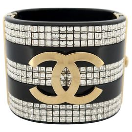 NEW CHANEL CC LOGO RHINESTONE CUFF BRACELET 15.5CM BLACK RESIN BANGLE Black