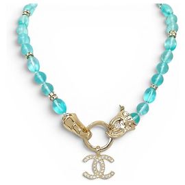 NUOVO CHOKER CHANEL DRAGO PESCE LOGO CC STRASS PERLE D'oro