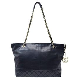 VINTAGE CHANEL SMOOTH LEATHER & MATELASSÉ BLUE TOTE HANDBAG Navy blue