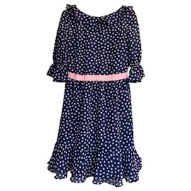 Vestido de lunares azul marino con cinturón rosa Red Valentino