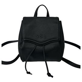 Yves Saint Laurent Vintage Logo Leather Drawstring Backpack Black