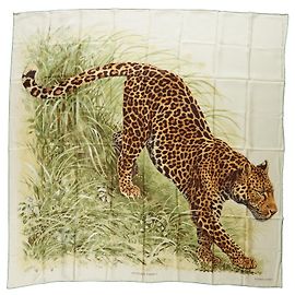 Hermès Sciarpa in seta Hermes Panthera Pardus 140 GM Sciarpa da Robert Dallet Marrone Nero Beige Verde