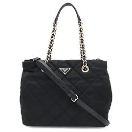 Bolsa de Ombro Prada Tessuto Triangle Chain Preto