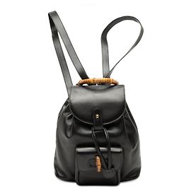 Gucci Black Calfskin Bamboo Drawstring Backpack Black