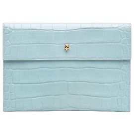 Alexander McQueen Blue Croc Embossed Leather Skull Clutch Blue Light blue
