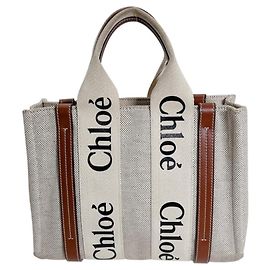 Sac cabas Chloé Woody Small en toile de coton Beige