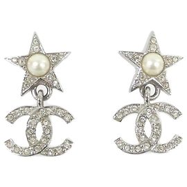 Pendientes de botón Chanel ABF758 Plata Blanco
