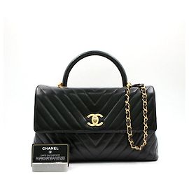 Chanel Chevron Coco Handle Gold Large Tote Shoulder Bag Black