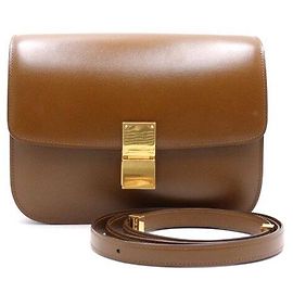 Céline Bolsa de ombro e bolsa transversal Classic Box em couro de bezerro Medium Marrom