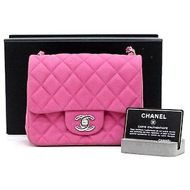 Chanel Mini Bolsa Caviar Petite Sac Classic Flap com Corrente Prateada Rosa