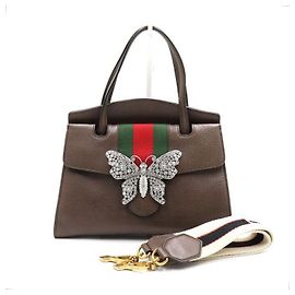 Gucci Bolsa Tote e Bolsa de Ombro Transversal em Couro Marrom com Borboleta de Cristal e Alça de Mão Marrom