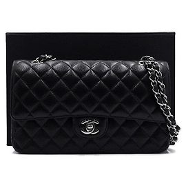 Chanel Bolsa de ombro Black Caviar Classic Medium com corrente prateada Preto