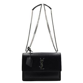 Saint Laurent Bolsa de Ombro Medium Sunset Monogram Black com Corrente Prateada Preto