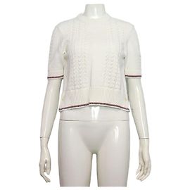 Thom Browne Kurzärmeliges Damen-T-Shirt aus Pointelle-Baumwolle mit Kontrastborte Weiß