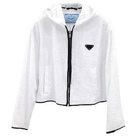 Prada Moletom com capuz e zíper em tecido terry com logotipo de triângulo branco Branco