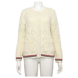 Thom Browne Dreistreifiger Pointelle-Wollstrickjacke mit Wellenrand für Damen Weiß