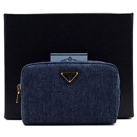 Prada Denim Gold Triangle Logo Clutch Pouch Tasche Schwarz