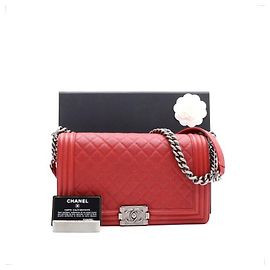 Chanel Borsa a Spalla Boy Caviar Large Silver Chain Rosso