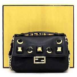 Fendi Double Micro Baguette Borsa a tracolla con catena a borchie dorate e tracolla Nero