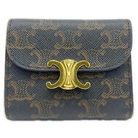 Céline CELINE Triomphe Canvas Carteira Pequena com Aba Marrom