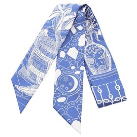 Lenço Hermès Twilly LA DANSE DES AMAZONES Branco Azul