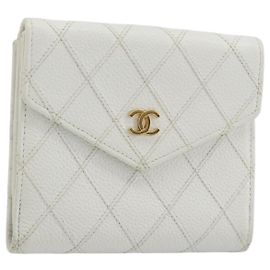 Carteira Bifold Bicolore em Pele Caviar CHANEL Ouro Branco CC Auth 194133A Branco Outro