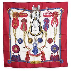 Hermès Hermes Vintage Red Frontaux et Cocardes 1968 Caty Latham Sciarpa in seta Rosso