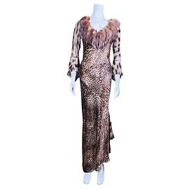 Autre Marque Vestido Maxi Clips Vintage Estampa de Leopardo e Tigre com Gola de Pele Marrom Estampa de leopardo
