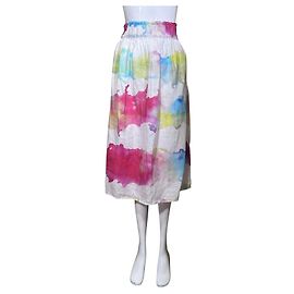 120% Lino Midi-Rock mit Aquarellprint Pink Weiß Blau Mehrfarben Grün Gelb