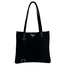Bolsa Tote de nylon e couro com placa de logotipo Triangle Prada Preto