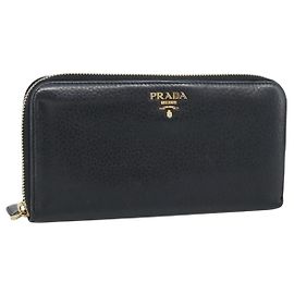 PRADA Long Wallet Leather Black Gold Auth bs36598 Black Golden