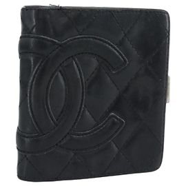 Cartera CHANEL Matelasse Cambon Line de piel de cordero negra CC Auth bs36633 Negro