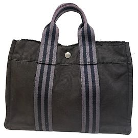 Hermès Bolso tote de algodón vintage Hermes Negro Gris Negro