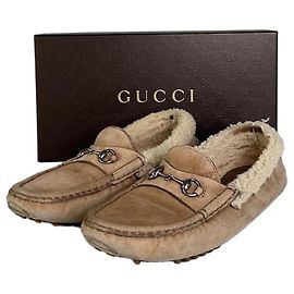 Pantofole vintage Gucci in scamosciato foderate in shearling beige crema EU37 Beige