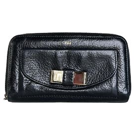 Chloé Vintage Chloe Leather Long Wallet Black Silver Black