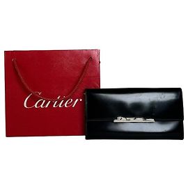 Vintage Cartier Leather Long Wallet Black Silver Clasp Black