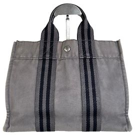 Hermès Tote de lona de algodón vintage Hermes Gris Plata Gris