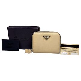 Vintage Prada Saffiano Leather Zip Wallet Cream Silver Beige