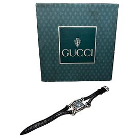 Vintage Gucci Crocodile Leather Strap Watch Black Silver Black