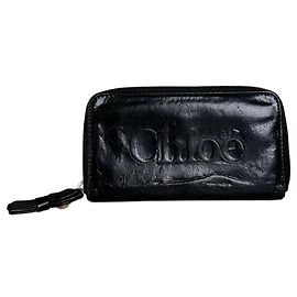 Chloé Carteira de couro com zíper vintage Chloe Preta Dourada Preto