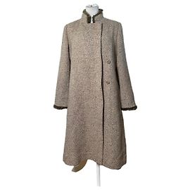 Vintage Givenchy Wool Blend Coat Fur Trim Beige Grey M Beige